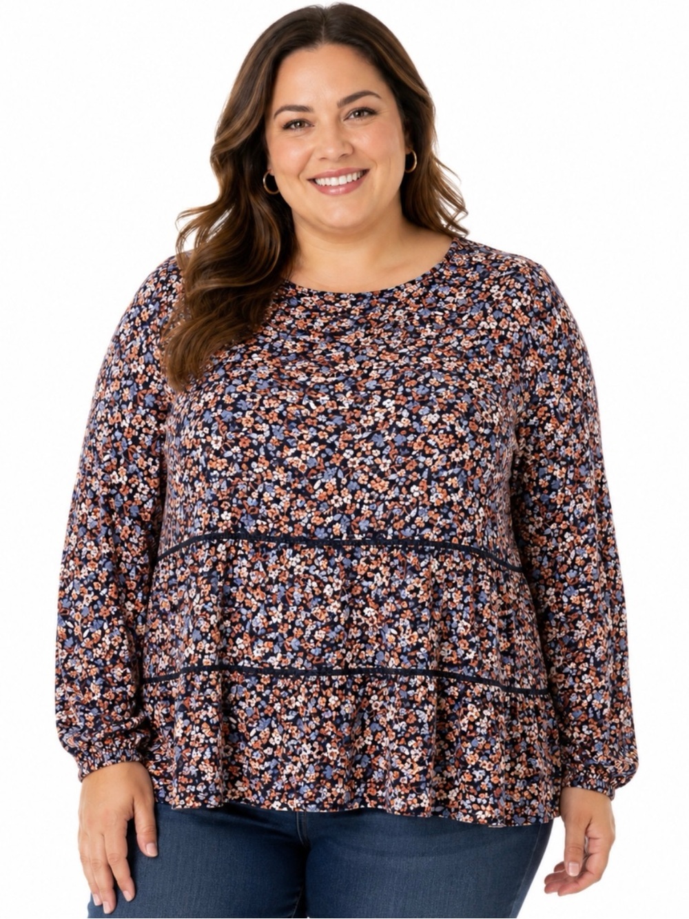 J. JILL | Ditsy Floral Print Long Sleeve Smocked Back Eyelet Lace Top Sz. 4X